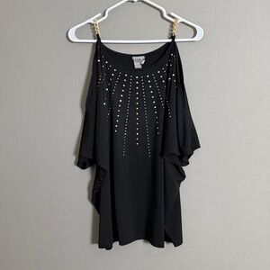 Whimsigoth C. Oliver L Black Cold Shoulder Top Gold Chain‎ Studded Ethereal